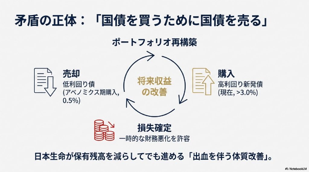 矛盾の正体：「国債を買うために国債を売る」