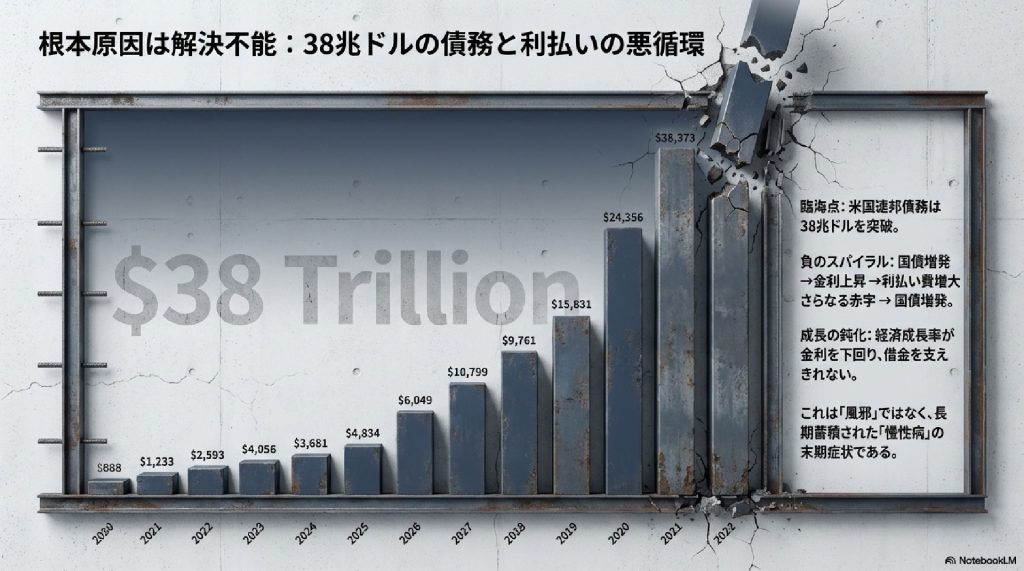 根本原因は解決不能：38兆ドルの債務と利払いの悪循環