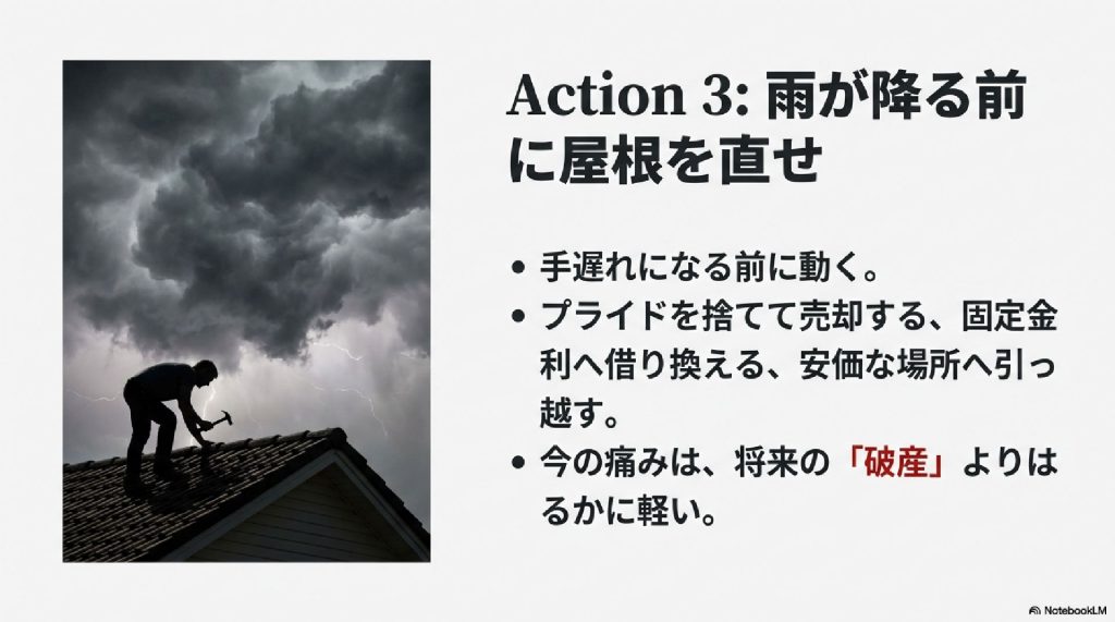 Action 3: 雨が降る前に屋根を直せ