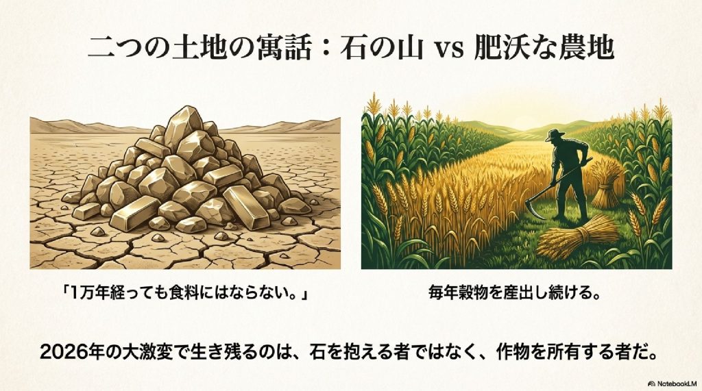 二つの土地の寓話:石の山か、肥沃な農地か